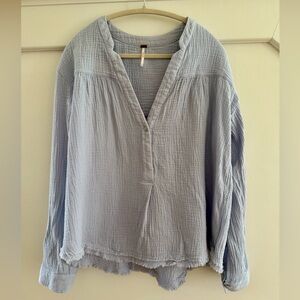 Free People Light Blue Gauze V-Neck Long Sleeve Top
